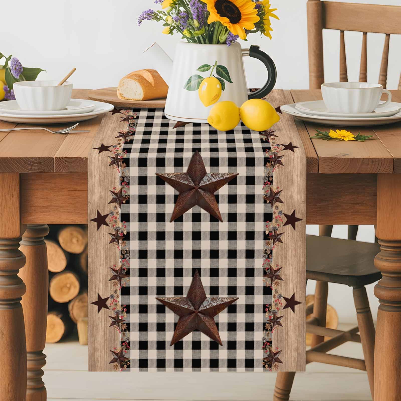 Independence Day Western Star on Wood Table Runner 90 Inches Long, Black Plaid Table Runners Tabletop Scarf Kitchen Dining Tables Decoration for Home Party Indoor Outdoor