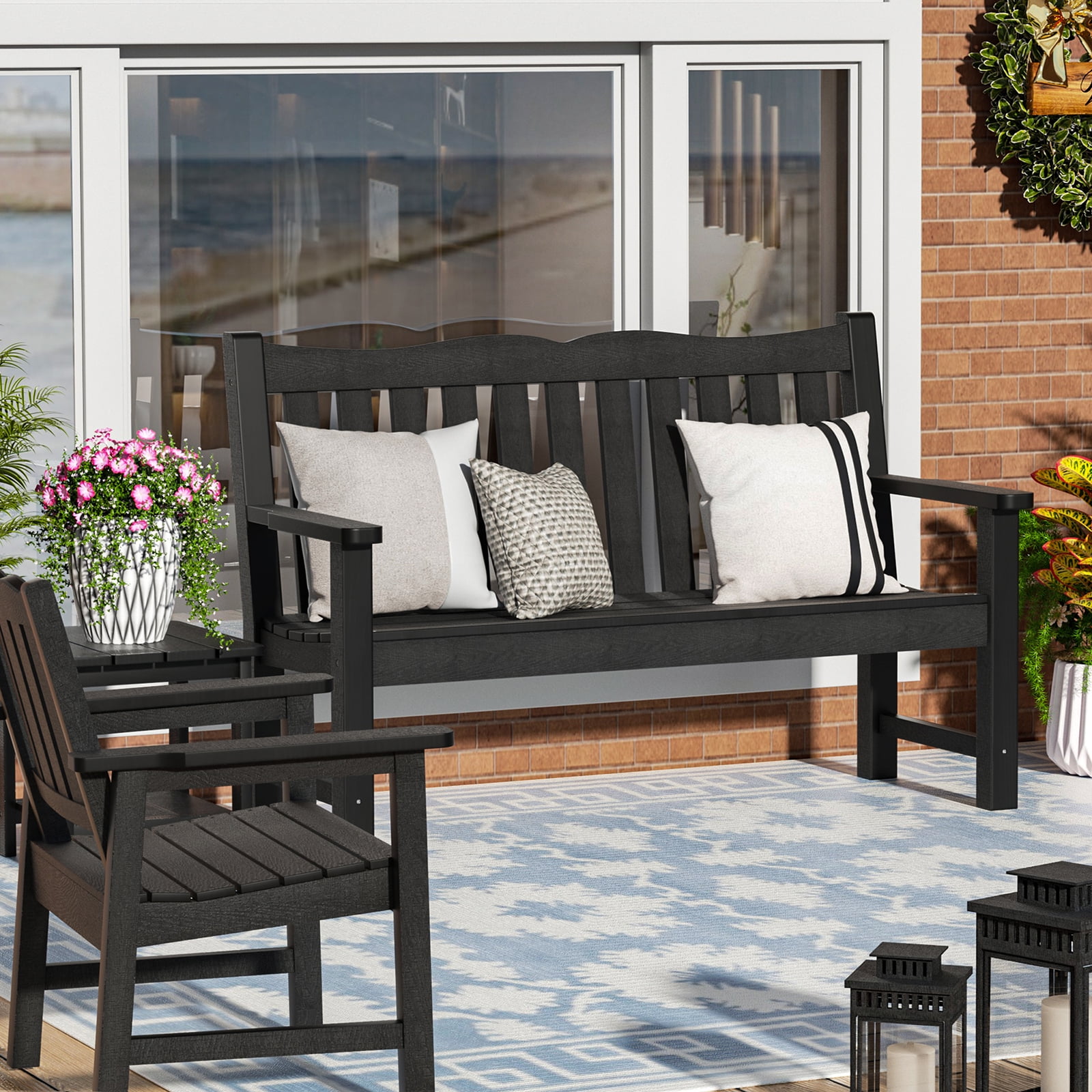 Stoog Garden Bench and Side Table Set, Two Person Loveseat Porch Chair with 800 lbs Capacity, All-Weather Outdoor Bench for Patio Backyard Park, Black