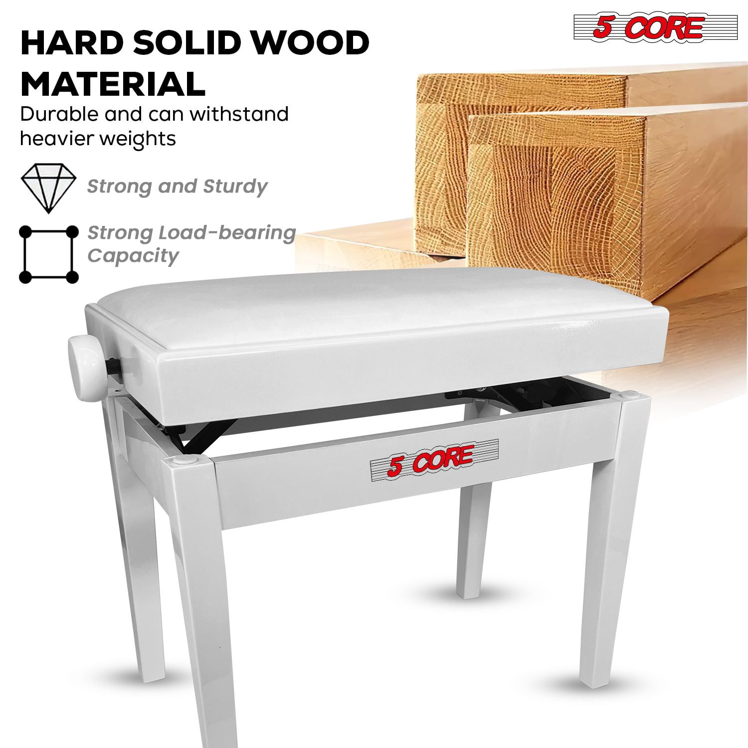 Adjustable Piano Bench Thick 3.25" Solid Wood Keyboard Stool Heavy Duty Musician Chair