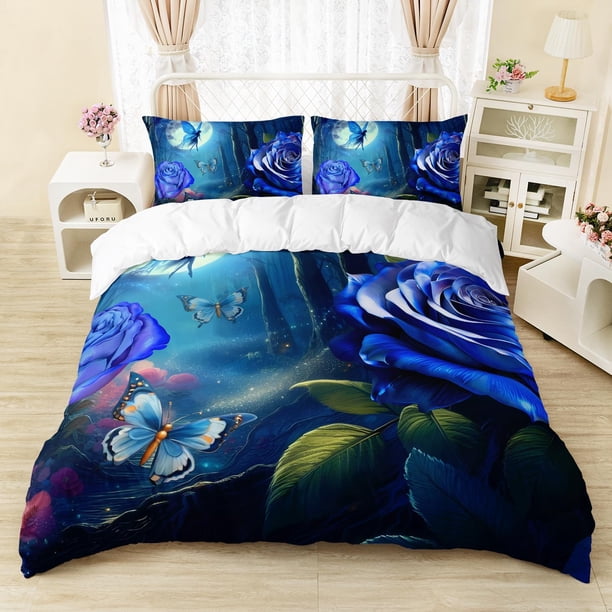 Juego de Funda Nórdica de Rosa, Tamaño King, Juego de Ropa de Cama de Mariposa y Luna de Bosque para