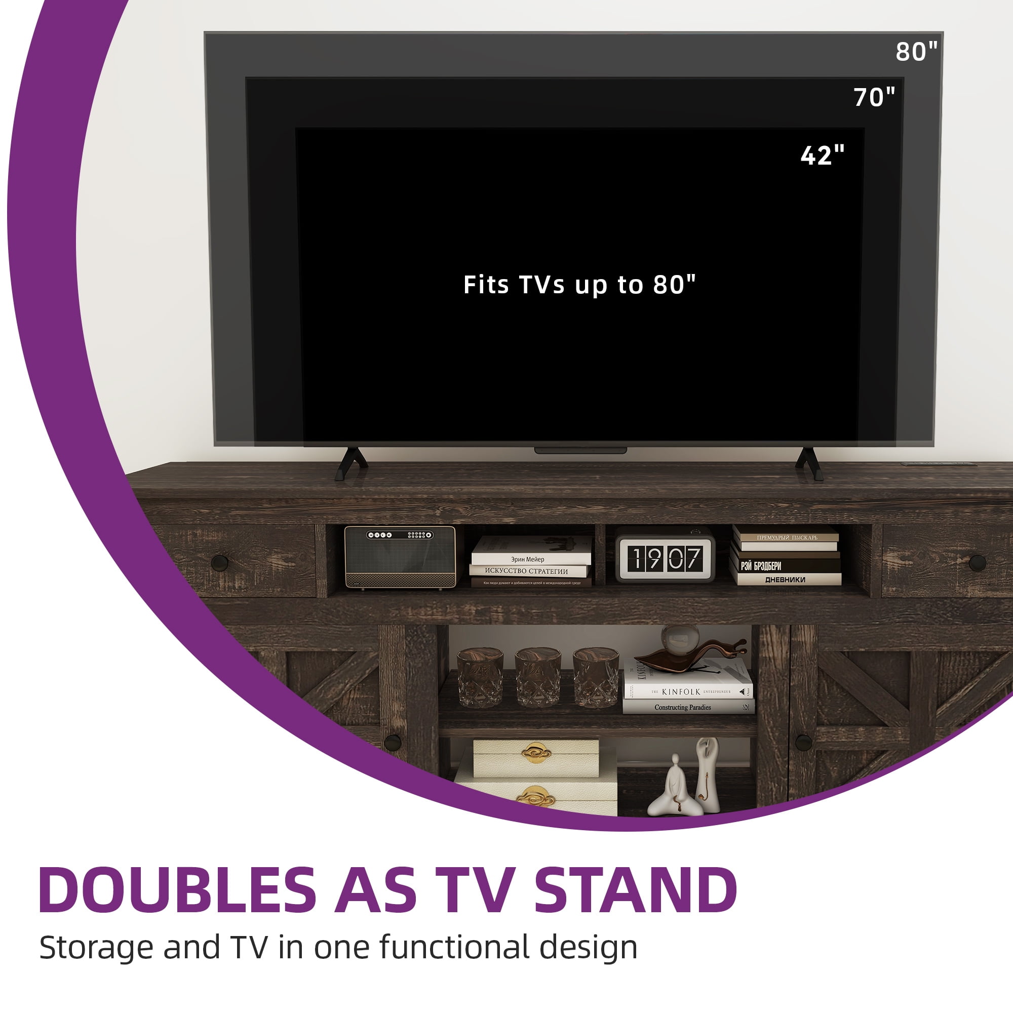 Uforic 70'' Farmhouse TV Stand, Entertainment Center with 2 Shelves, Suitable for TVs up to 80'',Oak