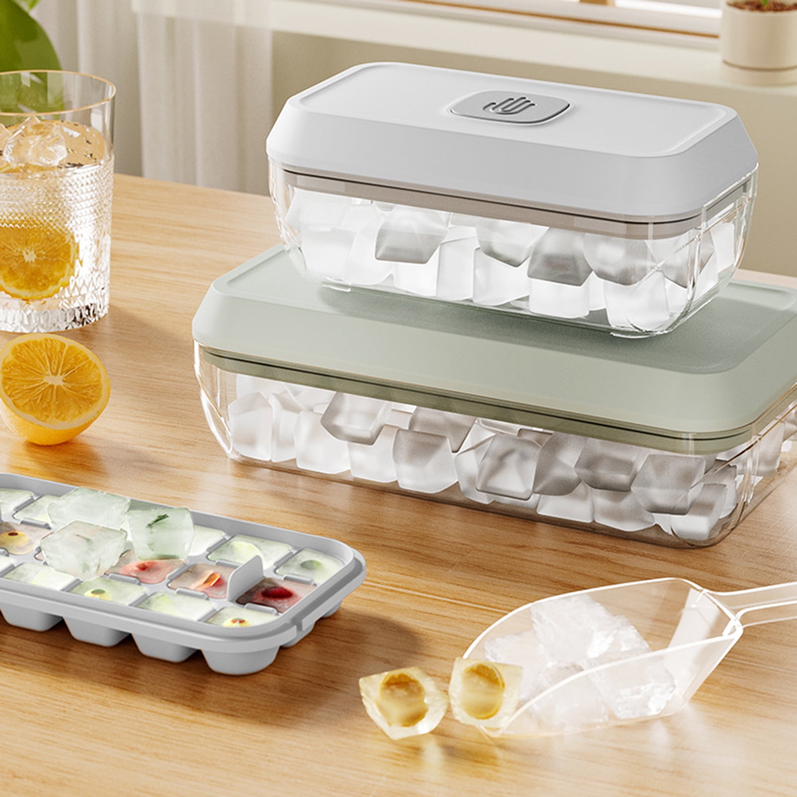OIUR Ice Cube Tray with Lid And Bin Press-Button Release Ice Mold for Freezer BPA-Free Ice Cube Maker for Drinks