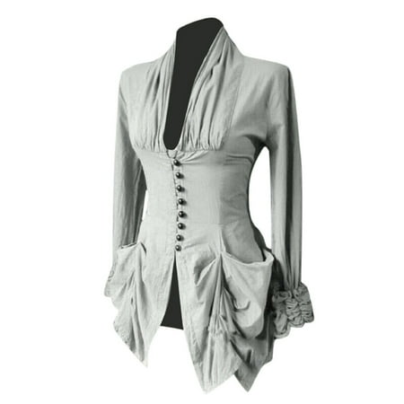 

Womens Sexy Deep Neck Tops Long Sleeve Renaissance Pirate Shirt Gothic Peasant Solid Ruched Corset Top Blouse