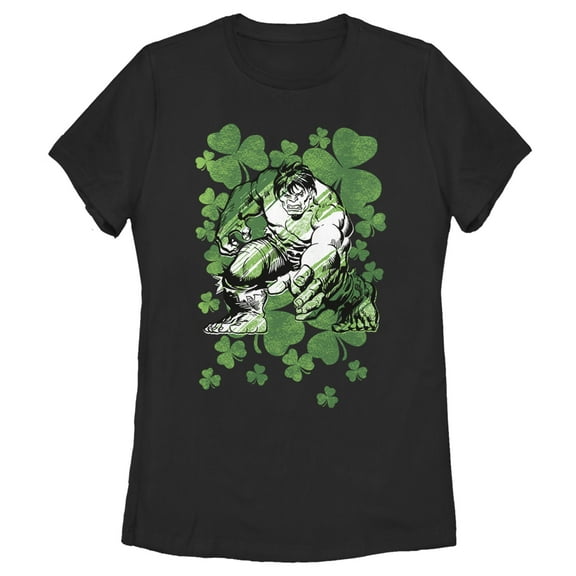 Women's Marvel St. Patrick's Day Hulk Clover Field  Graphic Tee Black Small
