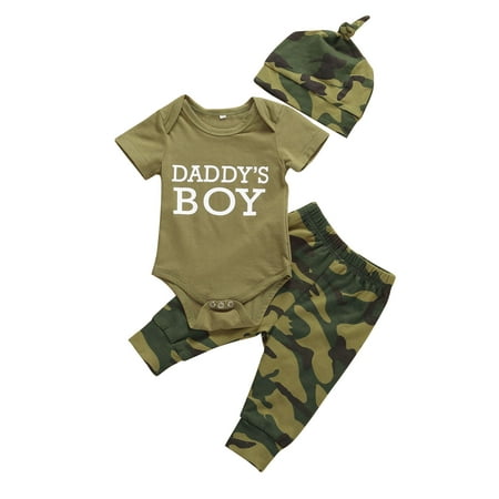 

Cathery Daddy s Baby Boy Girl Outfits Camouflage Print Romper Long Pants Hat