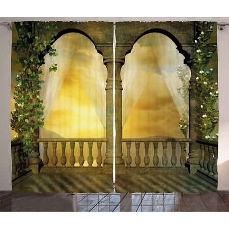 Landscape Curtains 2 Panels Set, Mystical Balcony Fairytale with Floral Swirl Antique Ancient Design Art Print, Window Drapes for Living Room Bedroom, 108W X 96L Inches, Multicolor, by Ambesonne