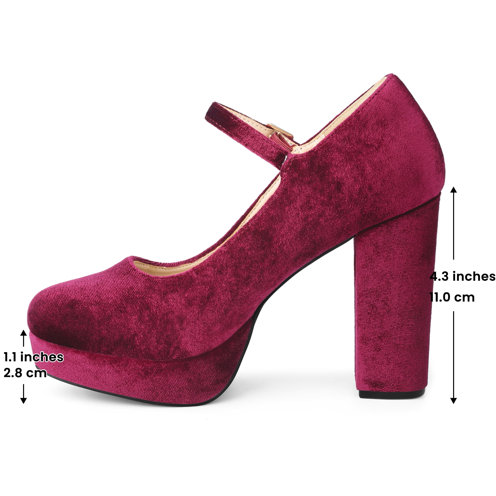 DARING DIVA Women's Velvet Ankle Strap Platform Block Heels Mary Jane Pumps Burgundy 11