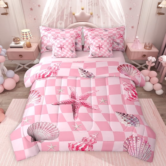 Feelyou Girly Pink Starfish Twin Bedding Sets 7-Piece, Kawaii Ocean Seashell Bedding Comforter Set, Fashion Buffalo Plaid Reversible Sheet Sets, Ultra Soft Bedroom Decor