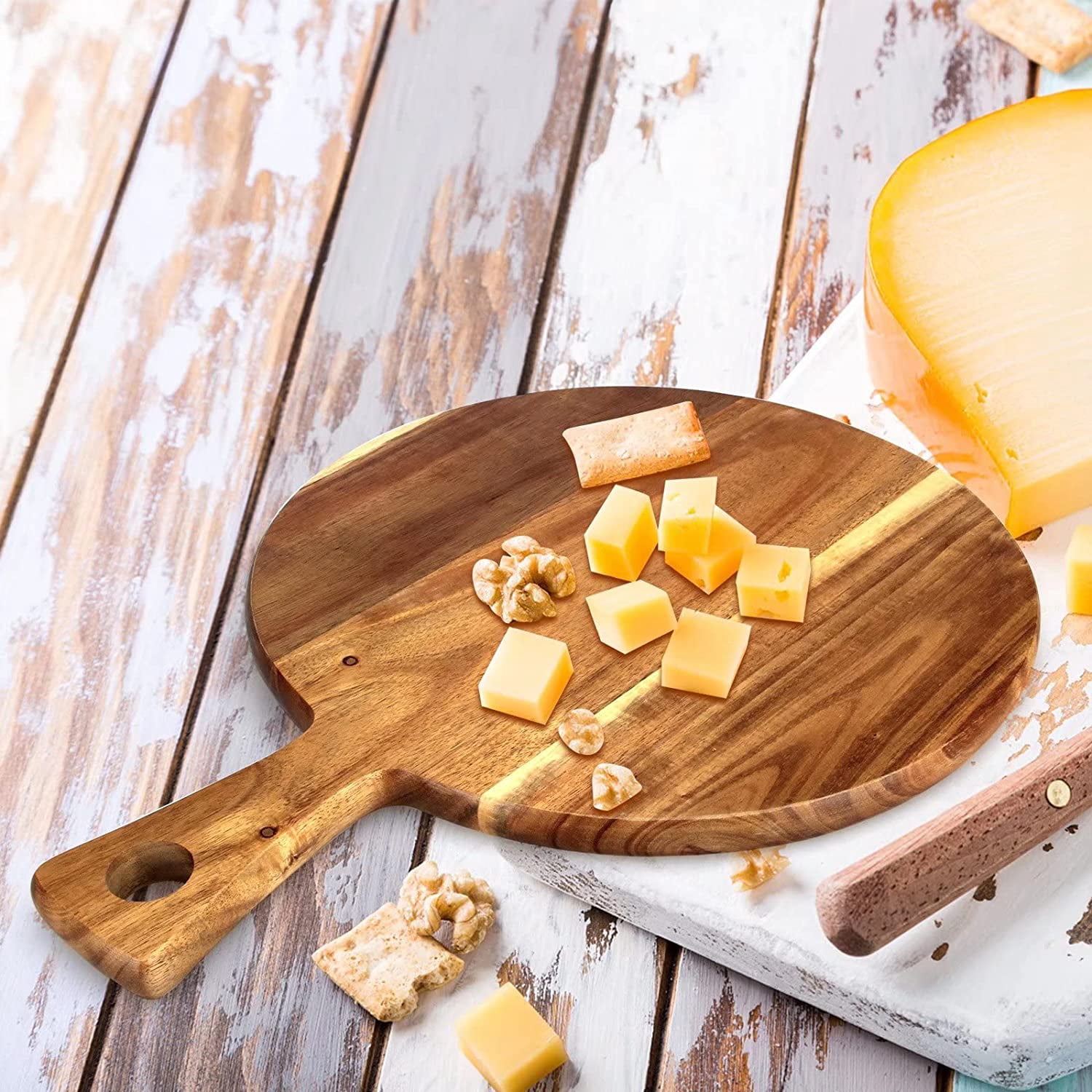 Acacia Wood Cutting Board with Handle Wooden Chopping Board Round Cutting Boards for Kitchen Decor Large Charcuterie Board Tray Teak Meat Cheese Board Bread Serving Platter Butcher Block Pizza Board