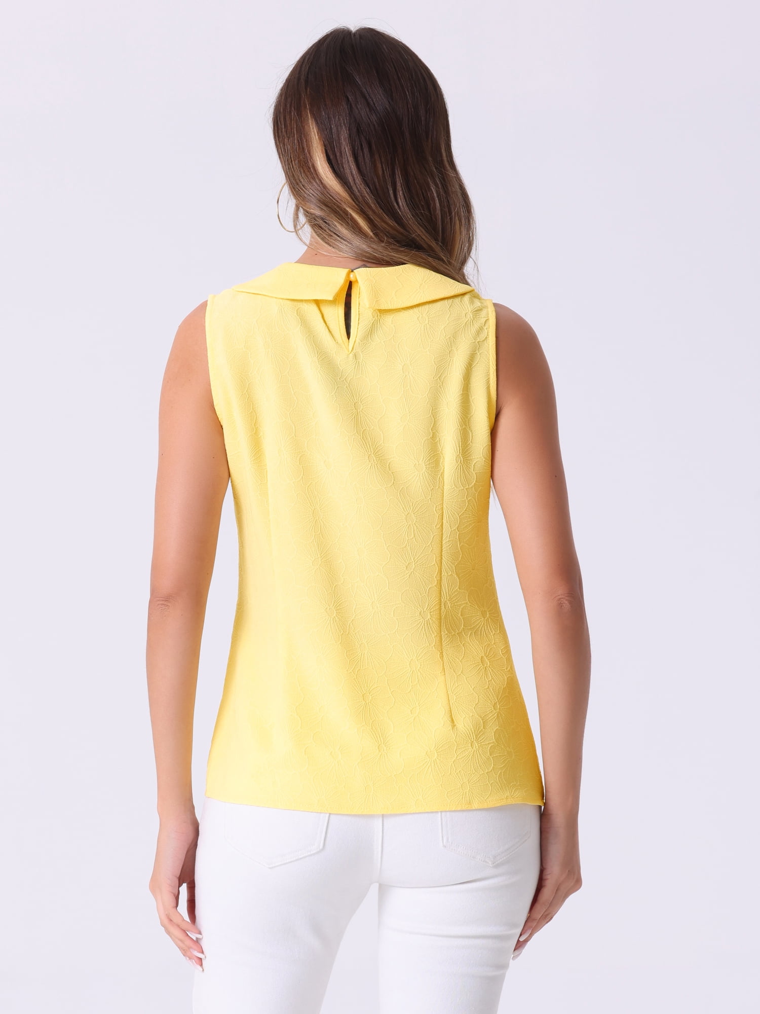DARING DIVA Women's Peter Pan Collar Sleeveless Jacquard Floral Blouses M Yellow