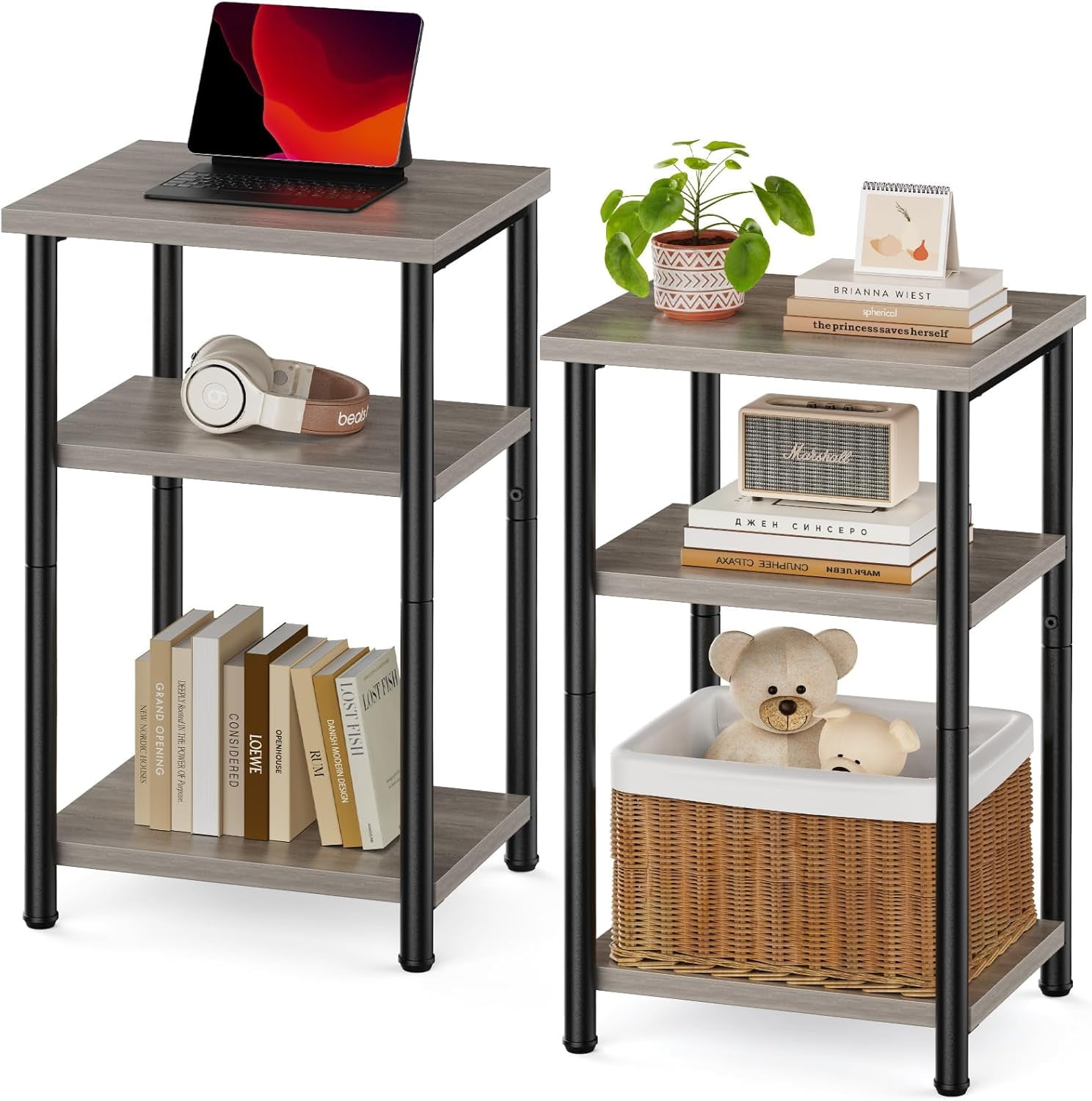 Nextay 3-Tier End Table, Side Table with Storage Shelf and Adjustable Feet, Small Nightstand for Living Room, Bedroom, Office, 2-Pack