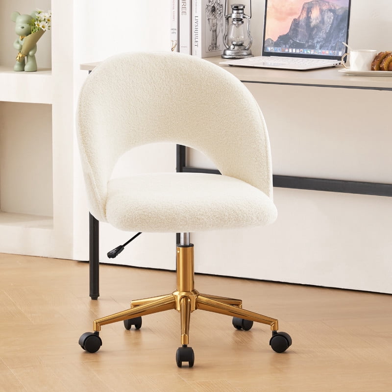 Modern Upholstered Office Chair, Adjustable Armless Desk Chair with Gold Metal Base and Rolling Casters, Accent Vanity Chair for Home Office, Bedroom, Makeup Room,White