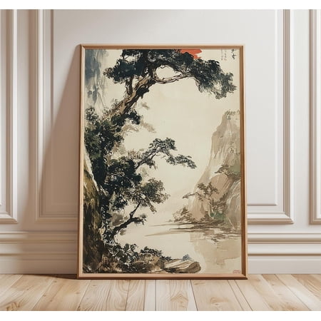 Japanese Landscape Wall Art Print With Ink Wash Mountain River Zen Decor