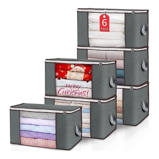 Paquete de 6 bolsas de almacenamiento de 90 litros, caja de almacenamiento plegable grande con tapa para ropa, edredones y ropa de cama (gris)