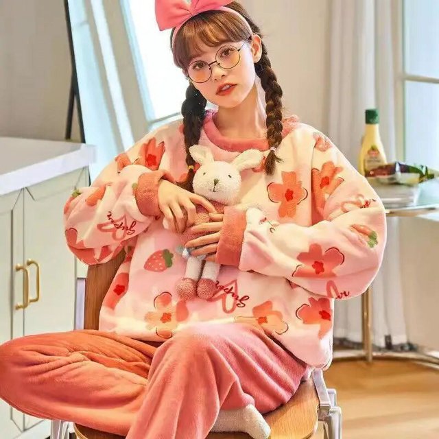 Conjunto de Pijama de franela para Mujer, ropa de dormir de terciopelo a rayas con estampado de amor, 2 piezas, Otoño e Invierno
