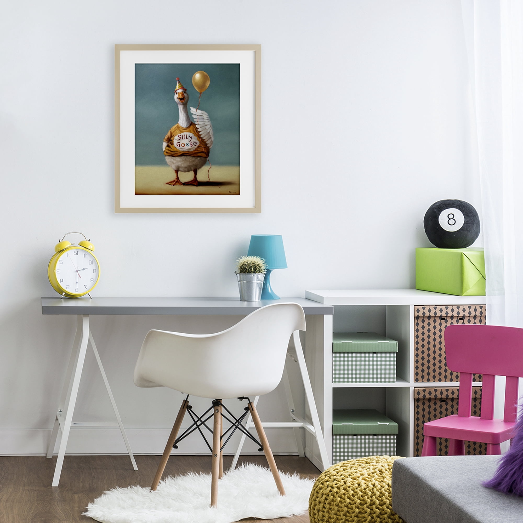 Stupell Industries Silly Goose with Balloon Birch Framed Print Under Glass, design by Lucia Heffernan