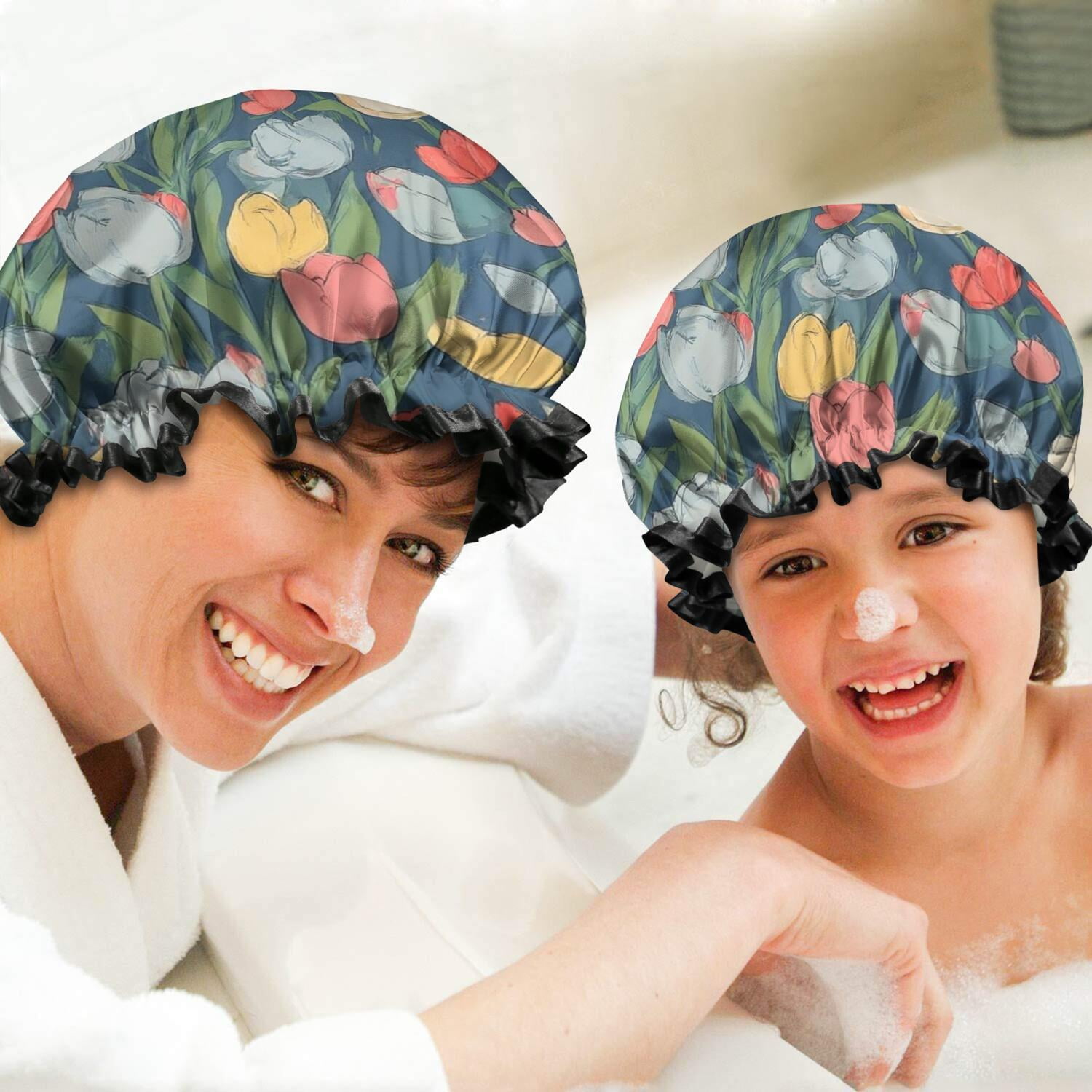 Shower Caps,Pioneer Flower Floral Print Pattern Waterproof Shower Cap for Women 4 Pieces,Double Reusable Hair Cover for Shower PEVA Elastic Stretch Hem