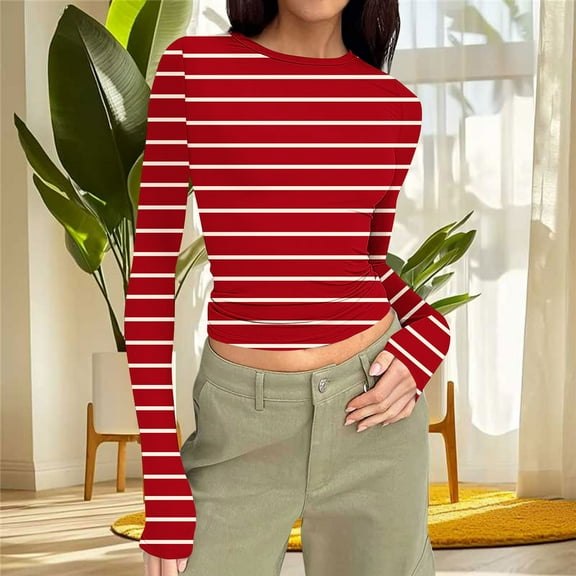 Royisotas Striped Tops for Women Red Long Sleeve Casual Winter Plus Size for Women Shirts Cropped Slim Crew Neck Tshirt