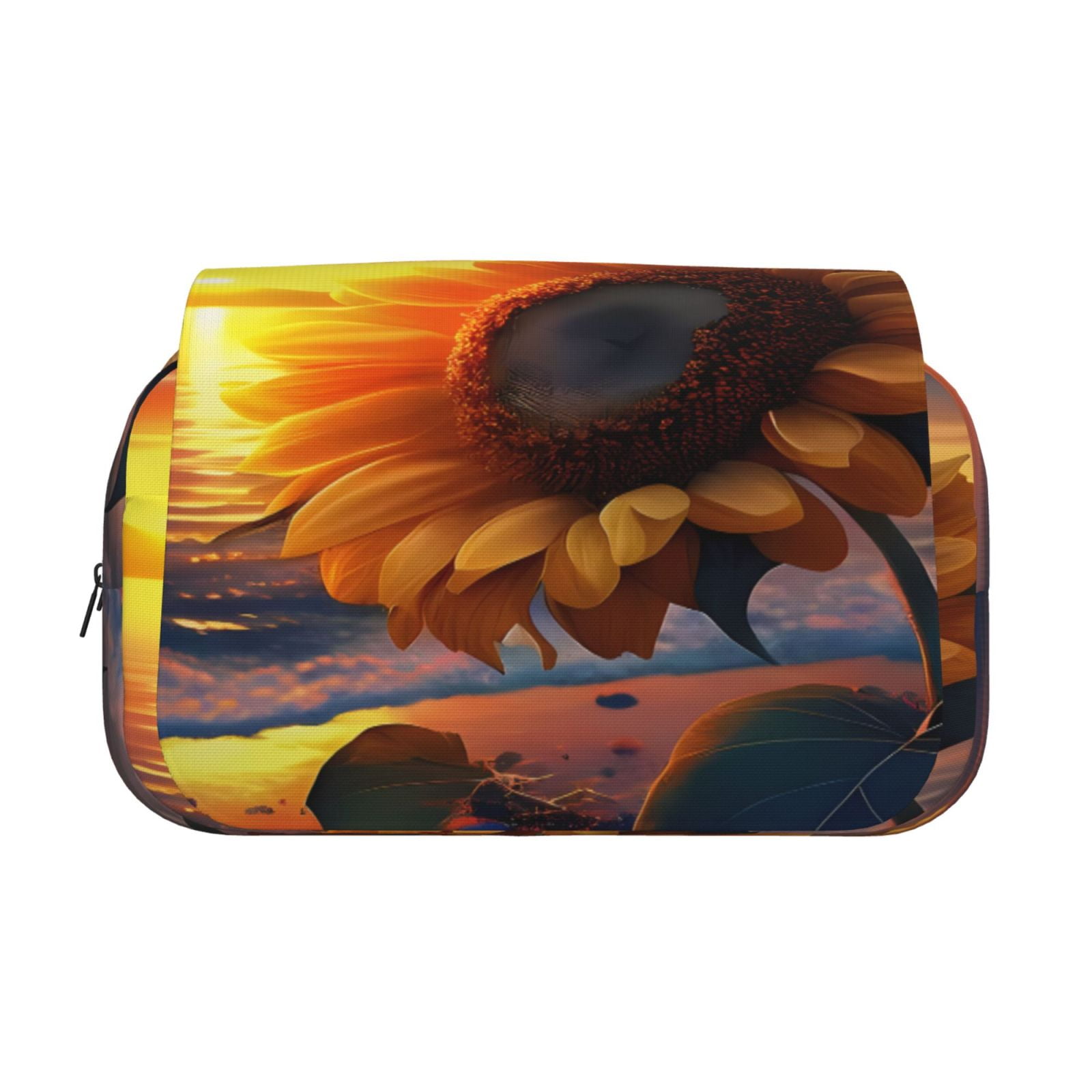 Rateoe Sunset Coast Sunflower Pattern Double Clamshell Pen Case, Storage Organizer with Two Zipper Compartments– Holds Up to 50 Pencils & Pens