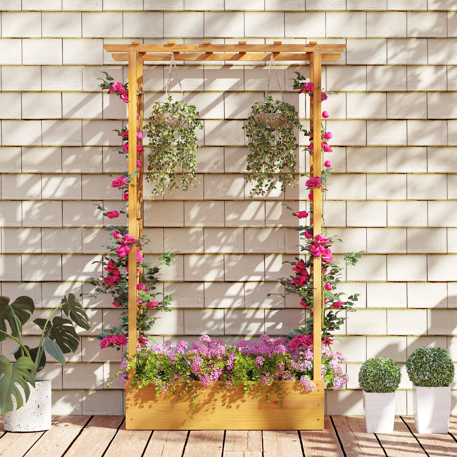 Costway 2 PCS 70” Wooden Raised Garden Bed with Lattice Trellis Hanging Roof Open-Ended Base