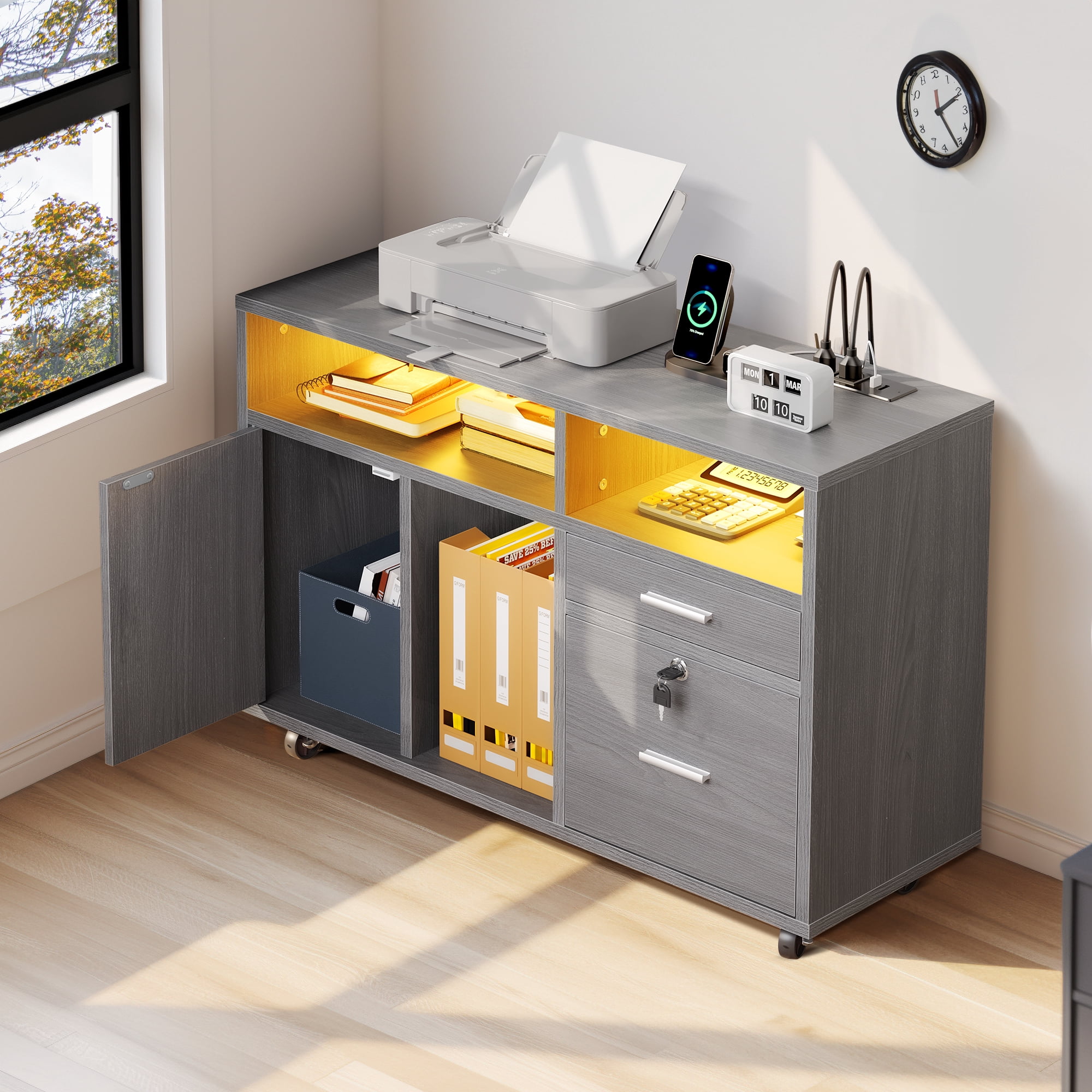 DEXTRUS Wood File Cabinet with LED Light and Lock, 2 Drawer Mobile Lateral Filing Cabinet with Open Storage Shelves & Charging Station, Gray