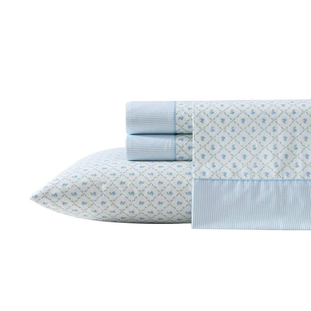 Laura Ashley - Sheet Set, Breathable Percale Cotton Bedding, 200 Thread Count, Deep Pocket, Chic Home Decor (Kate Blue, Queen)