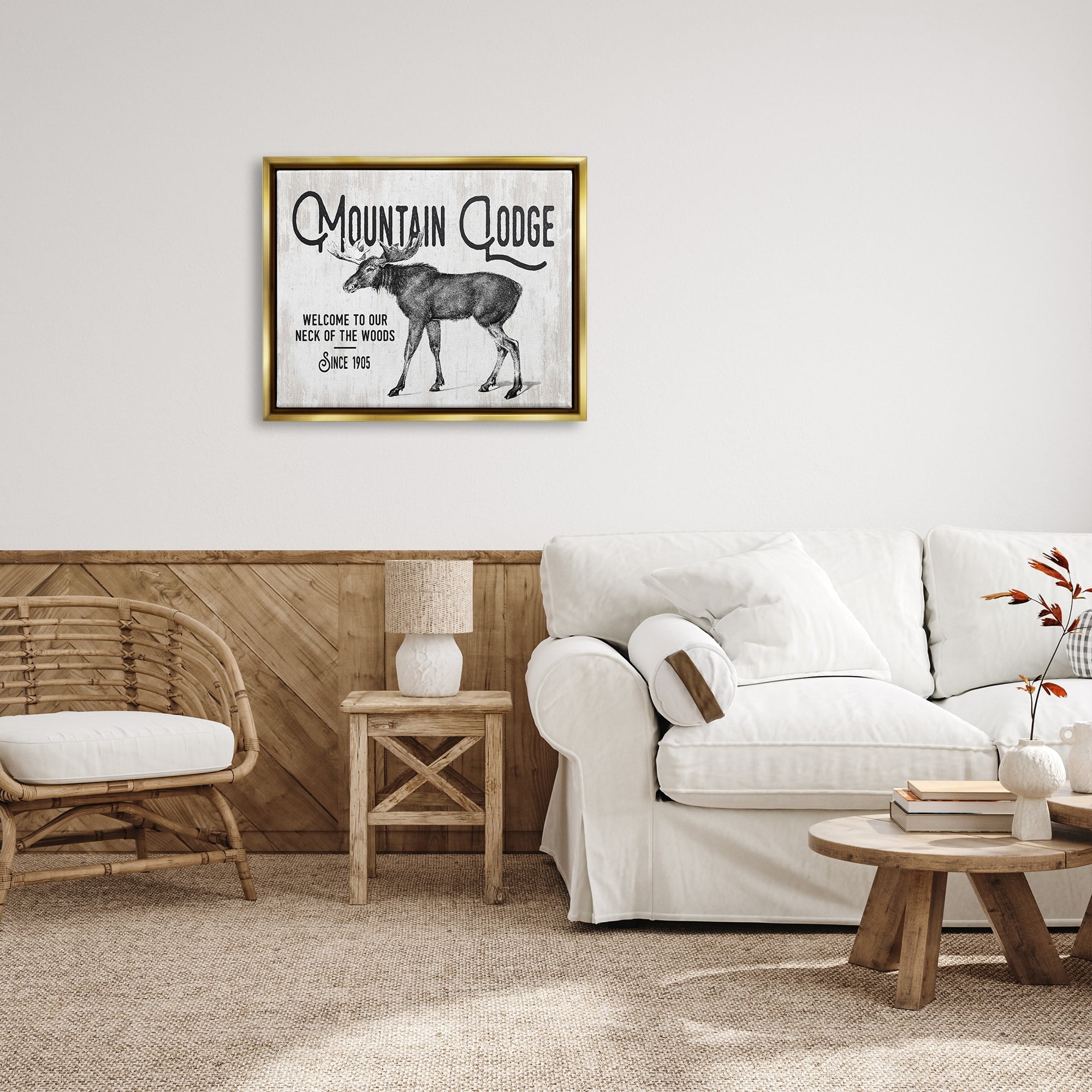 Stupell Industries Rustic Mountain Lodge Vintage Moose Cabin Sign Graphic Art Metallic Gold Floating Framed Canvas Print Wall Art, Design by Lettered and Lined