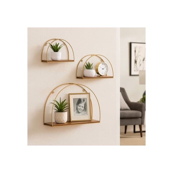 Elegant Wall Mounted Wood Shelves and Curved Metal Frame for Living Room -Decorative Hanging Storage Organizer for Wall Display and Books - Functional Shelf for Office - Set of 3, Brown & Gold