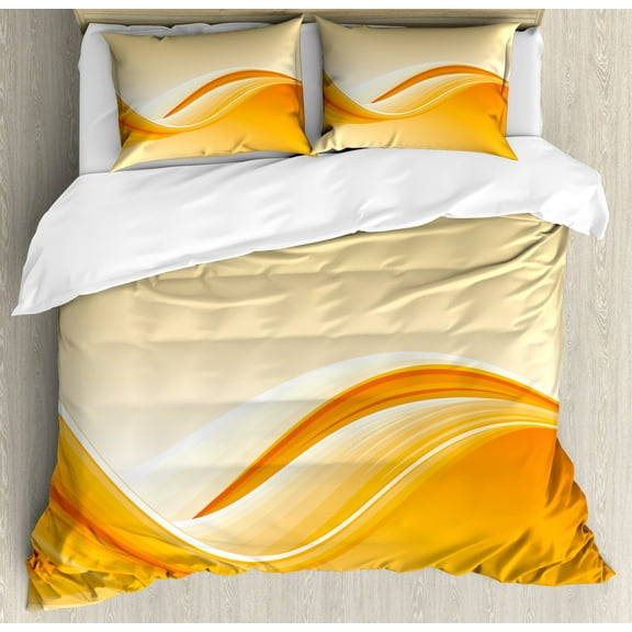 Abstract Duvet Cover Set, Vibrant Background with a Big Waved Line Modern Art Illustration, Decorative 3 Piece Bedding Set with 2 Pillow Shams, Queen Size, Orange Yellow, by Ambesonne