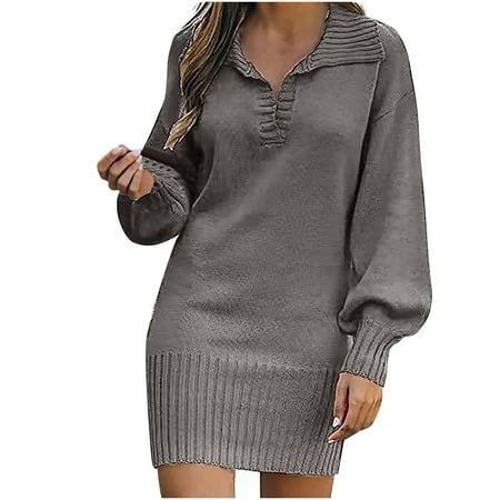 

Sweater Dress for Women Plus Size Dress for Women Trendy Women Casual Solid V-Neck Long Sleeve Loose Dress Autumn Blouse Pullover Tops Summer Savings Dress Pants Women Formal Dresses Gray XL