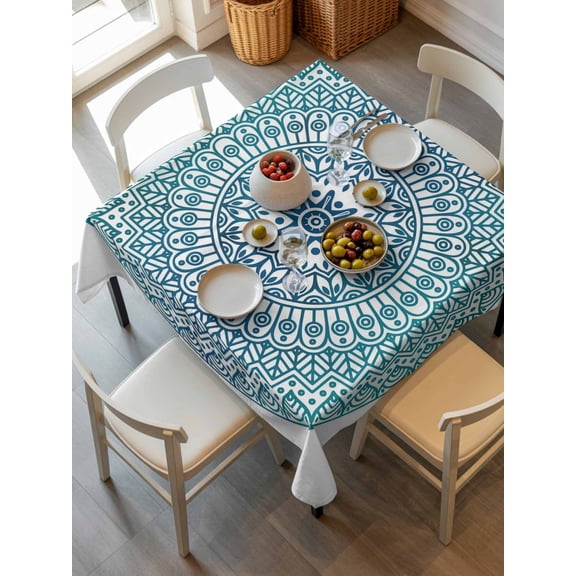 Turquoise Boho Tablecloth Square Table Cloth 60x60, Waterproof Tablecloth Outdoor Table Cloth, Retro Ethnic Teal Geometric Aesthetic Washable Table Cover for Kitchen Dinning Party