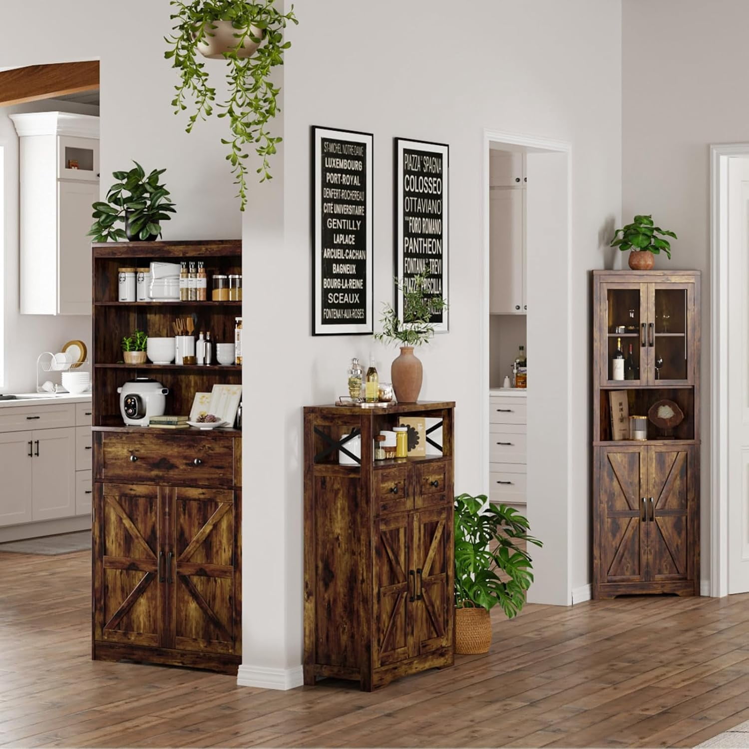 Rustic Brown Farmhouse Storage Cabinet with Barn Doors and Shelves, Freestanding Kitchen Pantry Storage Cabinet, Coffee Bar Station, Hutch Cupboard for Kitchen, Dining Room, Livingroom