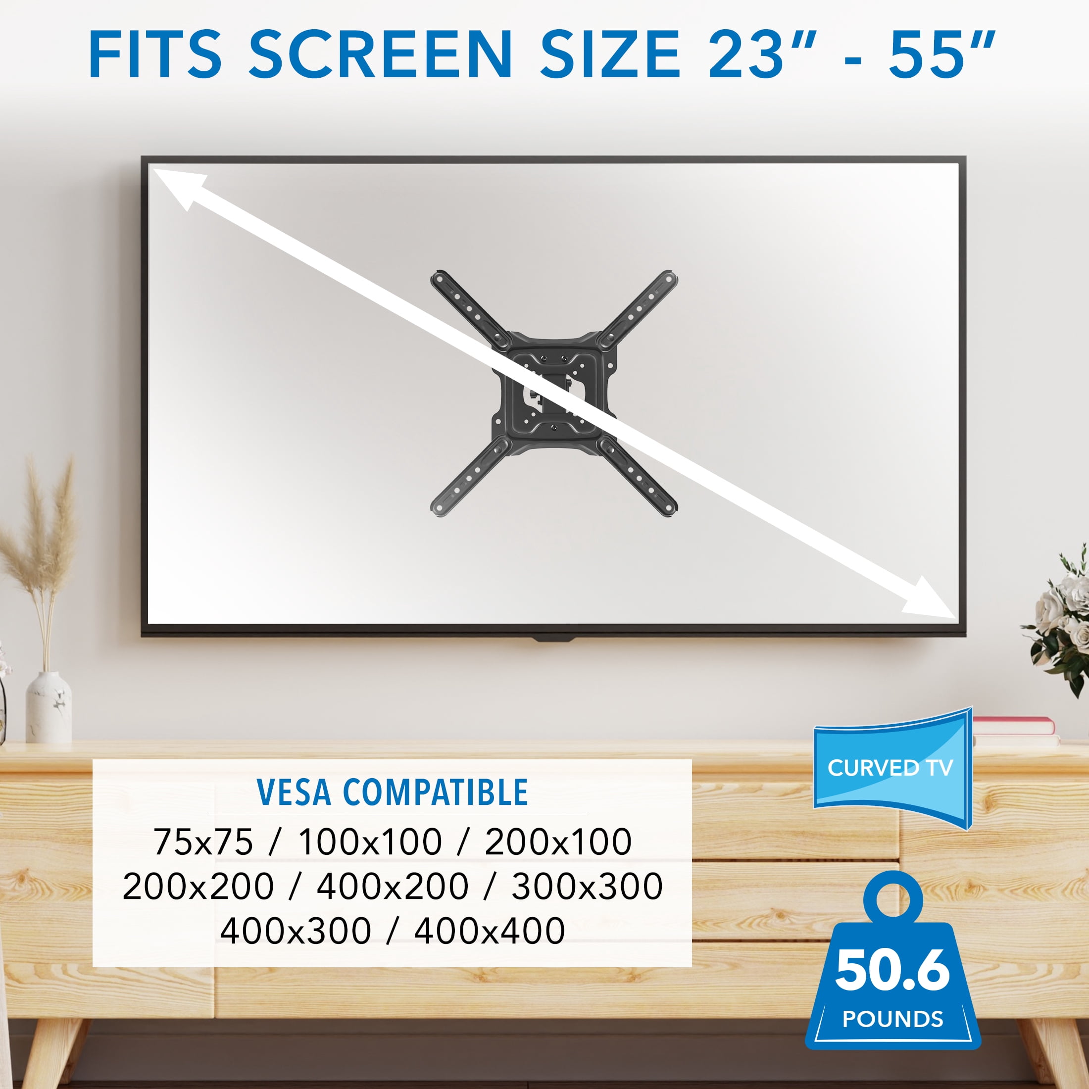 Mount-It! Height Adjustable TV Wall Mount - Full Motion, Pull Down and Vertical Adjustment, Fits 23-55 Inch Screens, Max VESA 400x400mm, Swivel and Tilt Capabilities, 50.6 Lbs Capacity