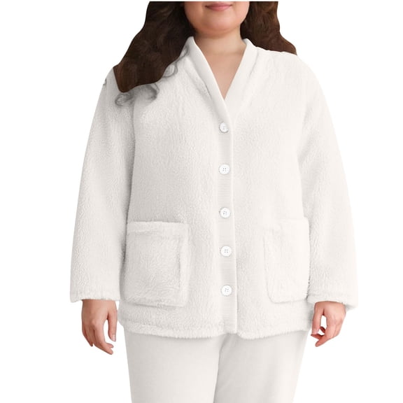 Women Fuzzy Fleece Jacket Sherpa V-neck Button Down Long Sleeve Winter Coat Plush Warm Sleepwear with Pockets