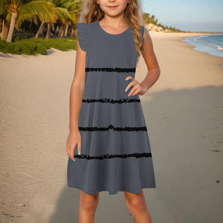 cute trendy dresses for juniors KSODFNXH Girls Cute Dresses Ruffle Sleeveless Round Neck Sundresses Teens Juniors Trendy Stripe Printed Pullover Summer Midi Dress 4-14 Years, Girl's,