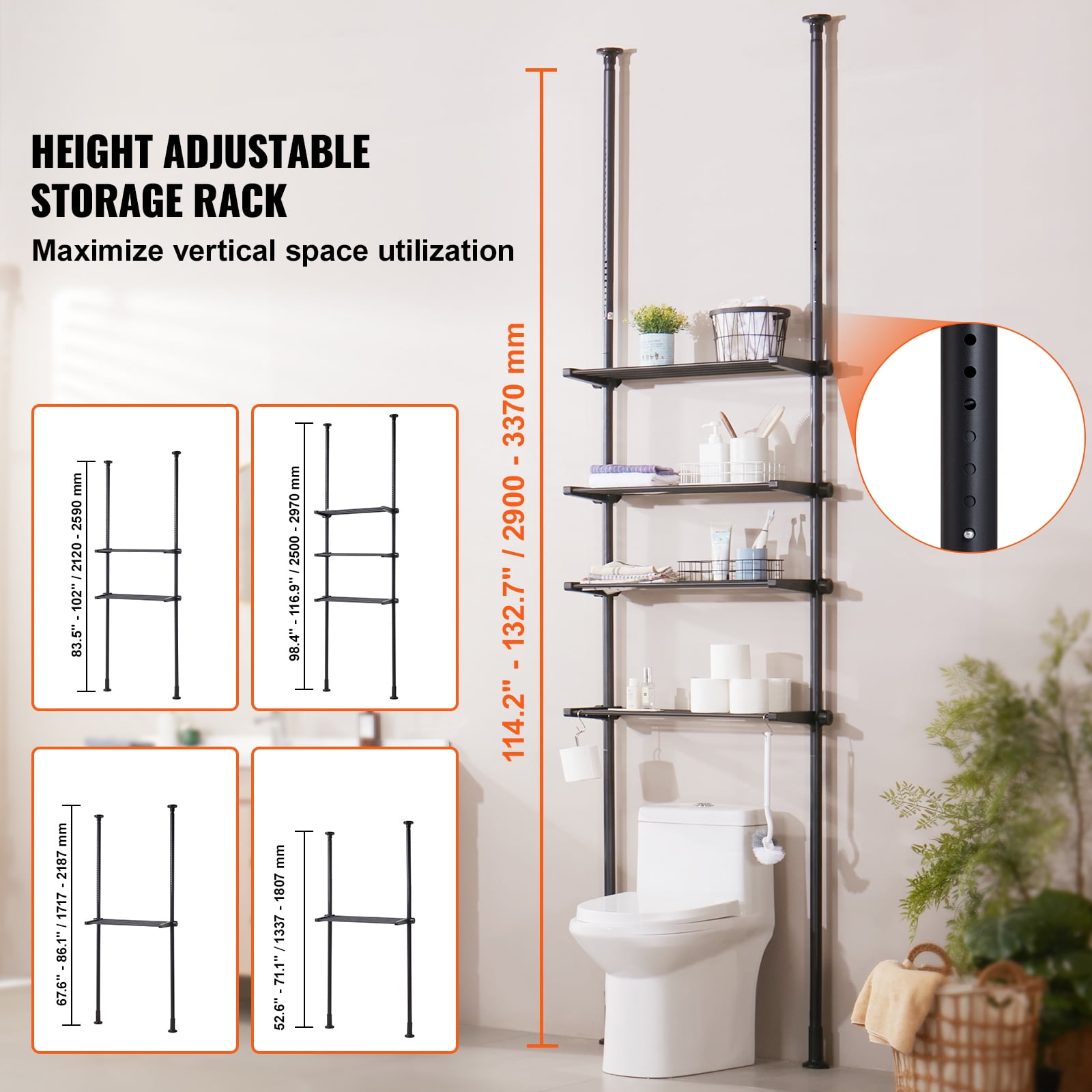 KFFKFF Bathroom Storage Above Toilet, 4-Level Adjustable Bathroom Organizer, Eco-friendly Steel 53"-132" High Storage Shelf Rack, Simple to Assemble Laundry Room Optimizer, Suitable for Compact Space