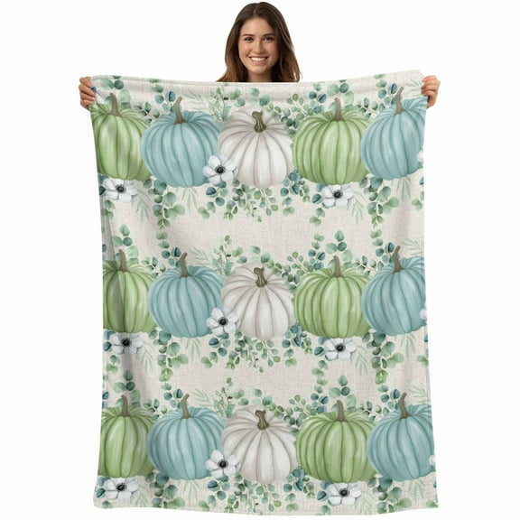 Fall Thanksgiving Throw Blankets, Autumn Blue Green Pumpkin Soft Fleece Blanket Decorative for Home Sofa Couch Chair Living Bedroom, 50x60 inches,
