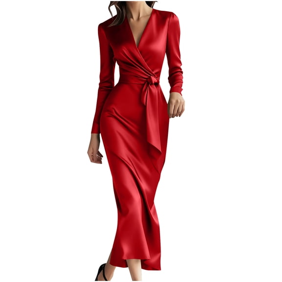 LNWUY Women Solid Color Long Sleeve V Neck Tie Waist Satin Elegant Formal Cocktail Wedding Guest Bodycon Midi Dress Red S