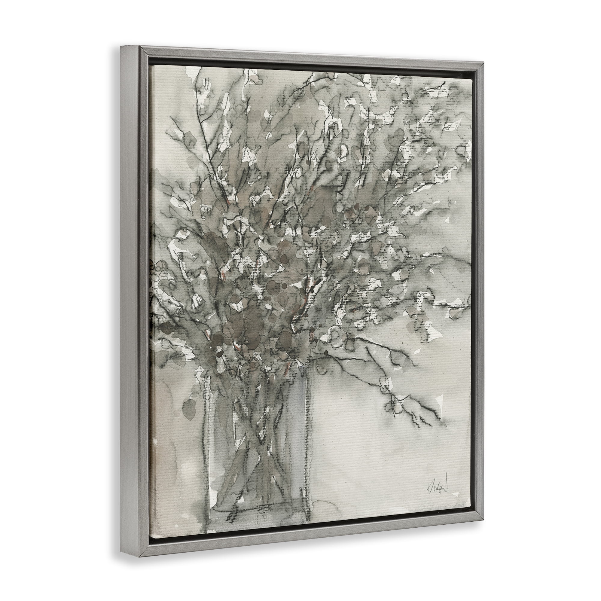 Stupell Industries Grey Charcoal Bouquet Plants & Flowers Painting Gray Floater Framed Canvas Art Print Wall Art, 17 x 21