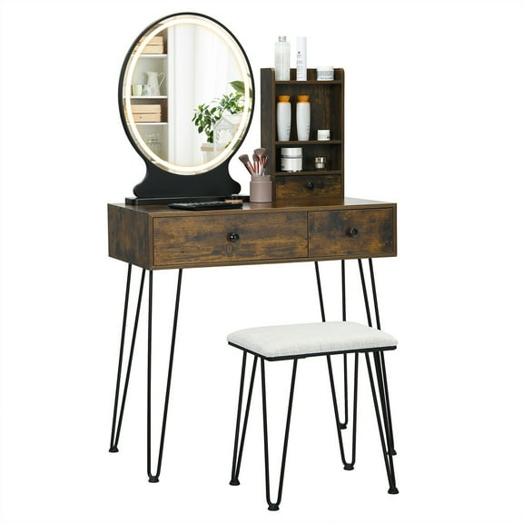 Gymax Brown Vanity Table Set Lighted Mirror Storage Drawer Shelf Cushion Stool Rustic