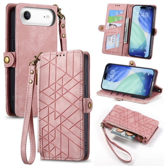 Feishell for iPhone Air Case Wallet,Retro High Quality Zipper Pouch PU Leather Strap Flip Case with Magnetic Closure,[RFID Blocking] Card Holder Kickstand for iPhone Air,Pink