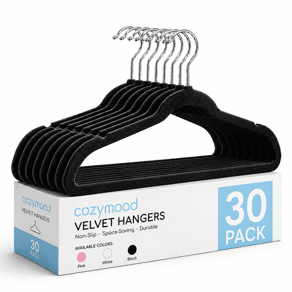 cozymood Velvet Hangers 30 Pack, Non-Slip Clothes Hangers with 360 Degree Swivel Hooks, Slim Space-Saving Suit Hangers, Black