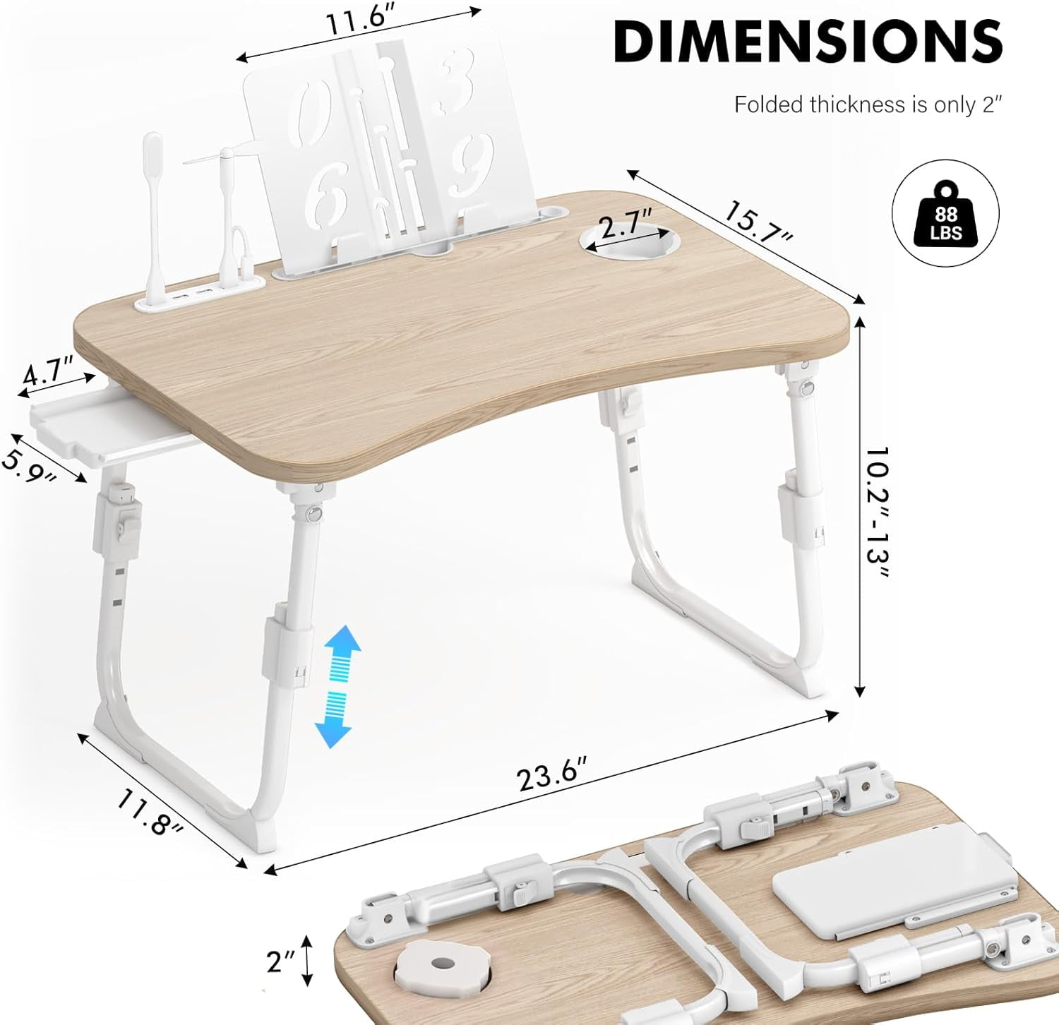 Foldable Laptop Desk,Height Adjustable,with USB/Storage Drawer/Cup Holder/Tablet Stand/Book Shelf for Reading,Writing,Eating,Watching,Glacier