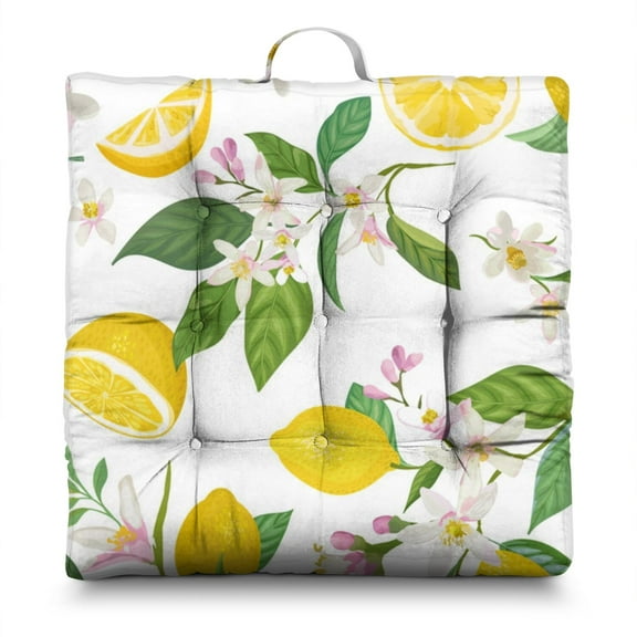 Yellow Lemon Meditation Pillow - 22x22 Inch Square Floor Cushion, Dutch Velvet, Bright Retro Lemon Design for Lounge & Tatami