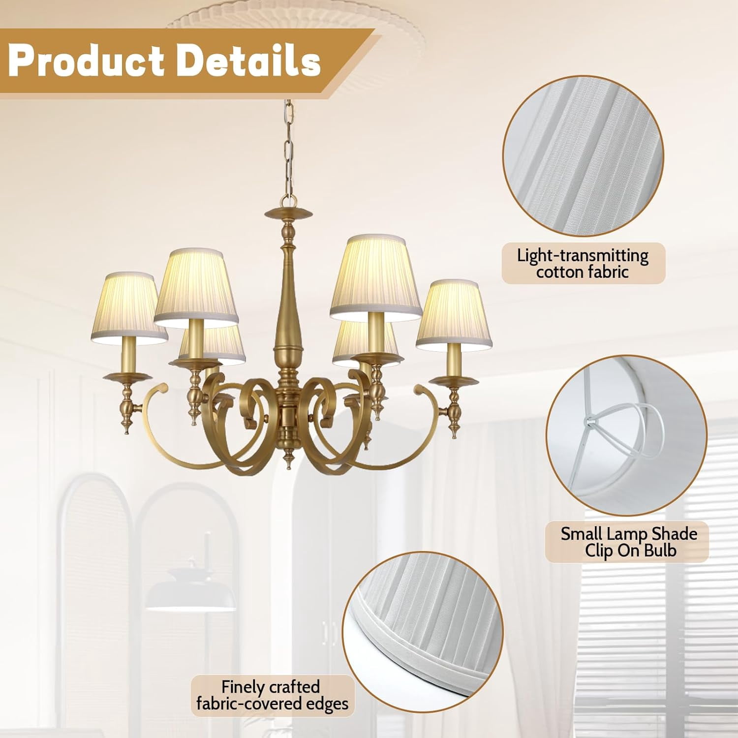 Clip-On Fabric Lamp Shades in Beige Linen, 5.9" Bottom 3.54" Top 5.12" Height, Eye-Protective Design for Chandeliers and Table Floor Lamps