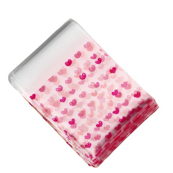 Acahhotxx 100Pcs Valentines Day Clear Adhesive Bags Love Heart Clear Bags For Food Packaging, Cookie & Snack Wrapping