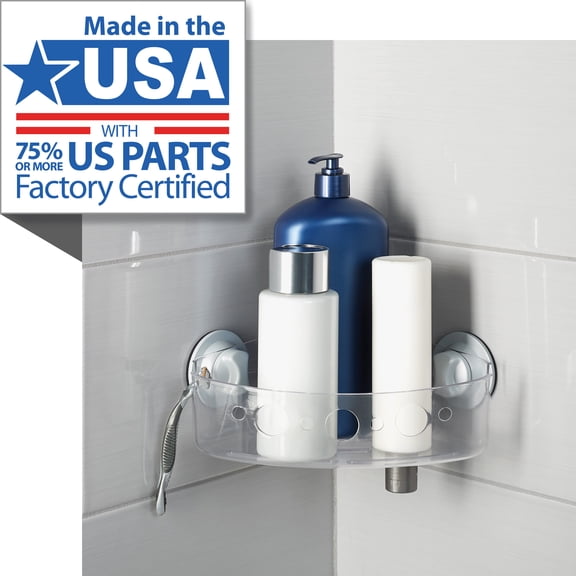 Mainstays Clear Plastic Corner Suction Bath Storage Basket, 1 Shelf, with Power Grip Suction Cups