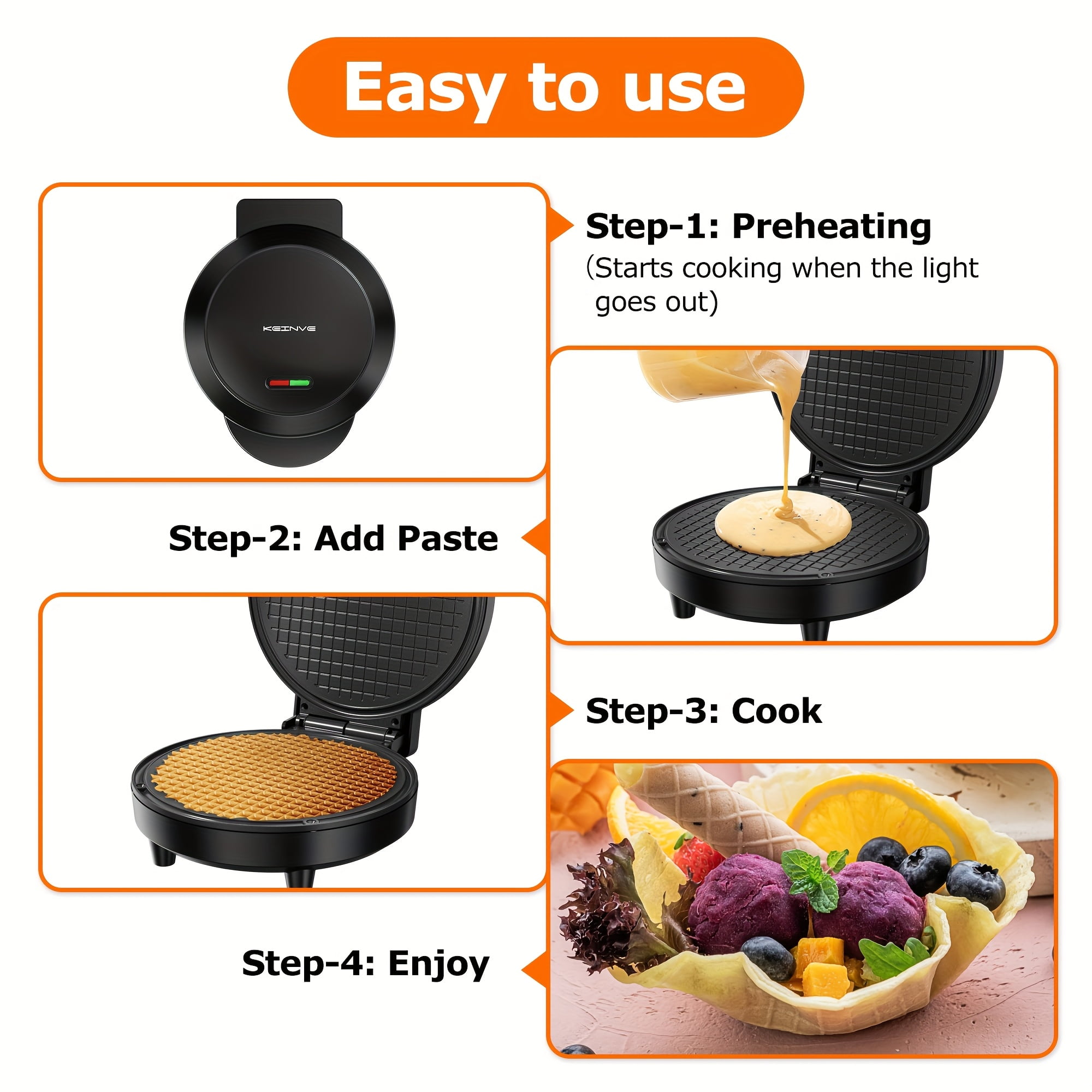 Electric Waffle Cone Maker with Overheat Protection, 6.8" Ice Cream Cone Machine, Nonstick Waffler for Homemade Treats Or Family Activities, Perfect for Mother'S Day