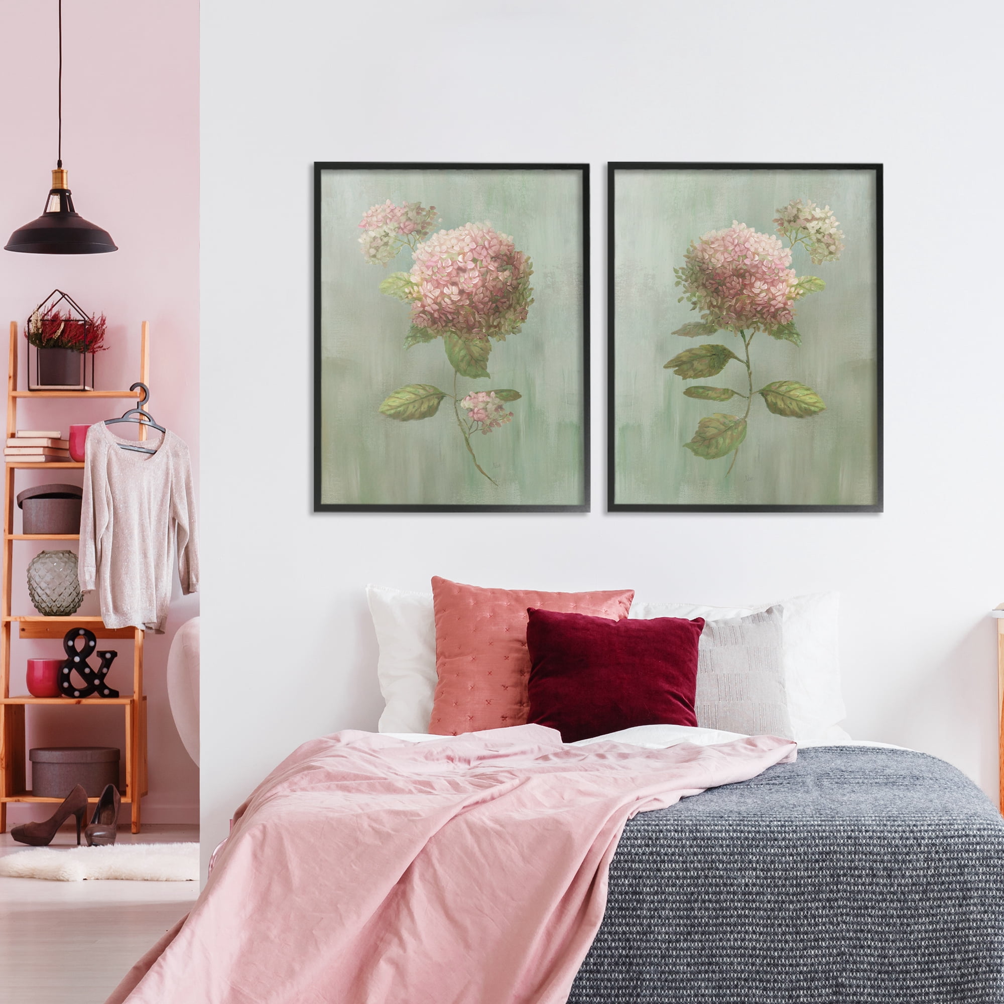 Stupell Industries Aged Pink Hydrangeas 2 Piece Black Framed Giclee Art Set, design by Nan