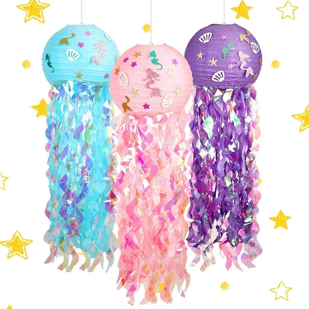 Cpdd 3 Pieces Mermaid Paper Lanterns Mermaid Glitter Hanging Jellyfish Paper Lanterns Mermaid Themed Party Decorations For Child Birthday Indoor And O